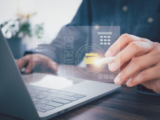 Efficient archiving. Document management system concept, businessman using stylus touching virtual screen showing work document file icons and calendar january 2023.