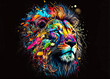 Lion, the head of a lion in a colorful flame. Abstract multicolored profile portrait of a lion head on a black background.	