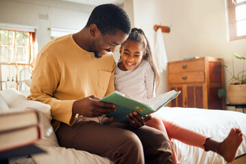 Poster - Black family, storytelling father and child for language support, help and learning bonding and love at home. People, person or dad and girl reading book for creative knowledge, education in bedroom