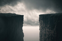Gap Of The Abyss Cliff Edge On The Gray Cloudy Sky, The Challenge Route For Successful Concept Background. Generative Ai Image.	
