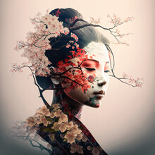 Geisha In Japan With Cherry Tree. Concept. Designed Using Generative Ai.