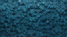 Fish Scale, 3D Wall Background With Tiles. Glazed, Tile Wallpaper With Blue Patina, Polished Blocks. 3D Render