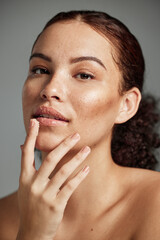 Wall Mural - face, sugar scrub and lips of woman in studio isolated on a gray background. portrait, cosmetics and