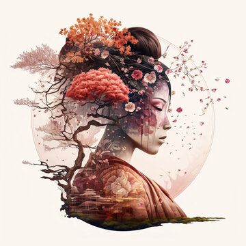 Wall Mural -  - Geisha in Japan with cherry tree. Concept. Designed using generative ai.