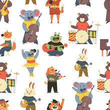 Musicians And Dancing Animals Vector Cartoon Seamless Pattern Background For Wallpaper, Wrapping, Packing, And Backdrop.
