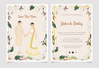cute young indian wedding couple on watercolor white magnolia flower bouquet wedding invitation card template collection