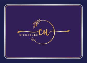 Wall Mural - luxury gold signature initial CU logo design isolated leaf and flower