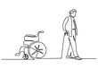 Hand drawing one line of man and wheel chair on white background.