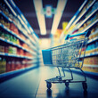 View of a shopping cart with inside supermarket shelves in an abstract, out of focus backdrop. Generative AI
