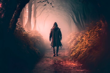 A hooded figure walking in the street on a foggy afternoon Generative AI