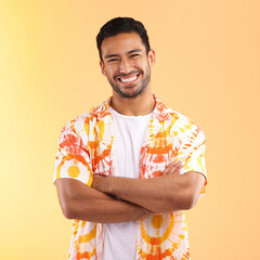 Wall Mural - shirt, portrait and man with arms crossed in studio isolated on a yellow background. fashion, aesthe