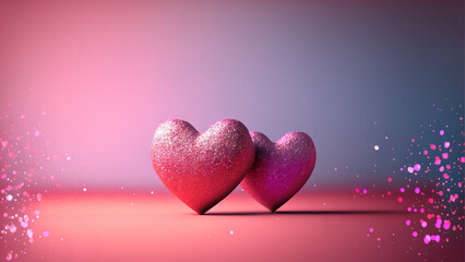 Wall Mural - Two pink hearts with nice glittery texture details on empty background. Valentine’s day generative Ai imagery with shiny glitter bokeh effect