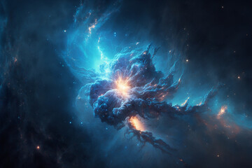 Fototapete - Large view of a colorful dark blue nebula in space. Cosmic background with bright shining stars, galaxies and deep universe. Generative ai