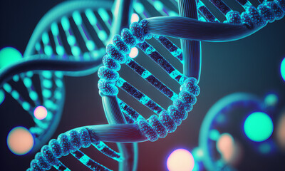 Aufkleber - Concept of the evolution of human DNA in the distant future. View under the microscope. Blue helix background close-up. Generative ai