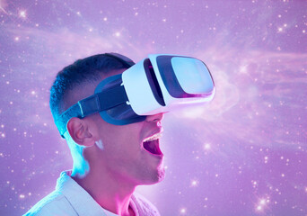 Poster - Wow, futuristic and man in vr universe exploring a cyber space world. Surprise, shock and male in virtual reality, metaverse or exploration of galaxy stars, neon and simulation with 3d technology.