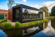 container sustainability and recycle , container box remake as restaurant, office or house, modern and Contemporary design with nature garden inspired from Giethoorn Village, Generative Ai
