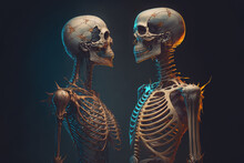 A Couple Of Skeletons Standing Next To Each Other, Skull, Bones, Zombie, Fantasy, Art Illustration