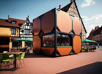 sustainability and recycle , container box remake as restaurant, office or house or hotel, landscape of beautiful luxury romantic riverside restaurant, inspired from Colmar France, generative ai