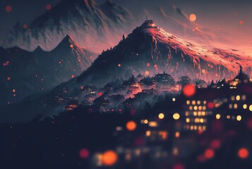 Wall Mural - beautiful valley cityscape with glitter glow light at evening time idea for romantic background wallpaper   Generative Ai