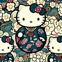 Beautiful Seamless Pattern Of Hello Kitty, High Quality Wallpaper, Repeating Pattern, Florals, Ukiyo-e 