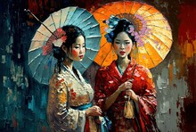 Oil Painting Style Illustration Of A Beautiful Women Wearing Traditional Asian Costume Walking On Street , Generative Ai