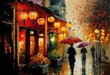 Oil Painting Style Illustration Of Lantern Hanging On Wall Background And People Walking On Town Street , Idea For Chinese New Year And Asian Lantern Festival Theme Generative Ai	
