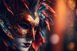 beautiful illustration of carnival mask on wooden background with bokeh light background, idea for background wallpaper Generative Ai	