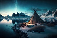 Beautiful Winter Lake Scenery With Snow Peak Mountain And A Tipi Traditional Tribal Tent At Lakeside With Nature Landscape As Background