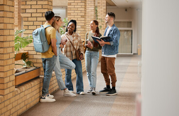 Poster - Learning, friends and college with students talking on campus with books for education, scholarship or knowledge. Study, future or university with people for back to school, academy and exam goal