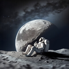 Wall Mural - astronaut relaxing on a moon in deep space wearing space suit, moon behind, generative ai