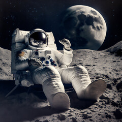 Wall Mural - astronaut relaxing on a moon giving thumbs up sign, in deep space wearing space suit, generative ai