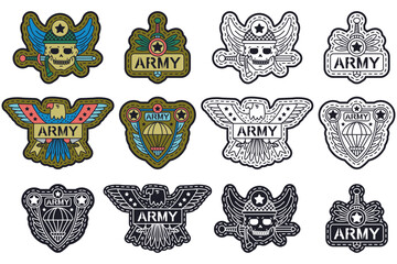 military and army logo, badge and patch vector cartoon set isolated on a white background.