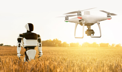 Autocollant - Robot farmer and drone on an agricultural wheat field. Smart farming concept