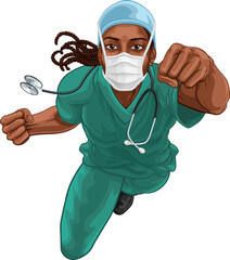 Wall Mural - A super hero black woman doctor or nurse medical healthcare health professional in scrubs flying through the sky in a classic superhero pose