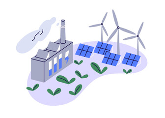 Wall Mural - Eco green energy, sustainable electric power sources concept. Alternative renewable electricity from wind, sun. Windmills, turbines, solar panels. Flat vector illustration isolated on white background