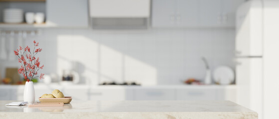 Elegance white marble tabletop with empty space over blurred modern white and clean kitchen