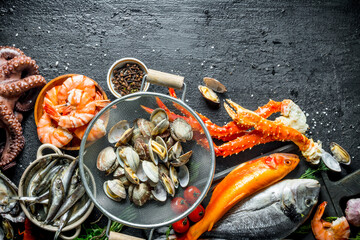 Wall Mural - Seafood. Oysters with fresh fish, crab and shrimp.
