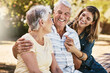 © Grady R/peopleimages.com - Family, park and woman with elderly parents outdoors, bonding and having fun. Love, support and female with grandma and grandfather in retirement, talking and enjoying quality time together in nature