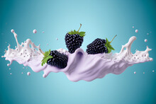 Realistic Big Blackberries And Milk Or Yogurt Splashes On A Blue Background.AI Generated.