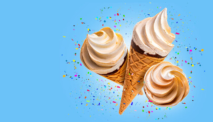 Fototapete - Three waffle cones with ice cream on a blue background.