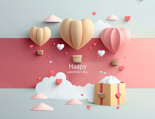 Wall Mural - Paper cut style , valentine day with heart baloon and love, Generative Ai