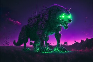 Wall Mural - Cybernetically enhanced wolf with glowing green eyes on the fiels with a mysterious purple backlight