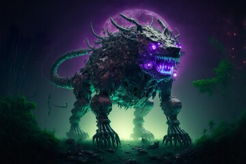 Wall Mural - Angry cybermutant snarls with purple jaw, big fangs and claws, misty green glow under, pruple full moon