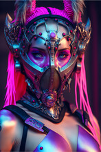 A Fantasy Cyborg Female Warrior In Metal Suit And Gas Mask In Pink