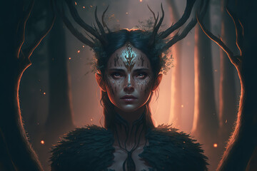 Wall Mural - fawn, woman, demon, dark fantasy, forest, art illustration