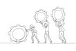 Illustration of businesswoman and colleague people holding cogwheels gear teamwork make dreamwork organization. One continuous line art style