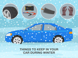 Winter season safe car driving tips and rules. Checklist for drivers. Things to keep in your car during winter. Flat vector illustration template.