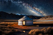 Yurts on the Mongolian grasslands at night with the Milky Way