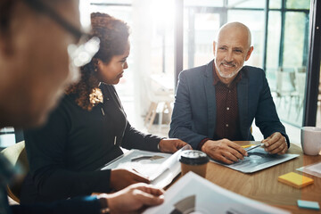 Poster - Business meeting, team and planning in office for strategy discussion, vision or success. Happy corporate group, woman and businessman for collaboration at financial agency for goal, target or budget