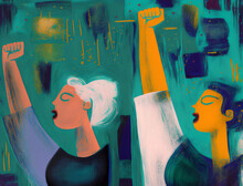Blue And Green Feminism Protest, Women Standing Together Fighting, Fists Raised, Abstract Impressionist Painting Style, Generative Ai